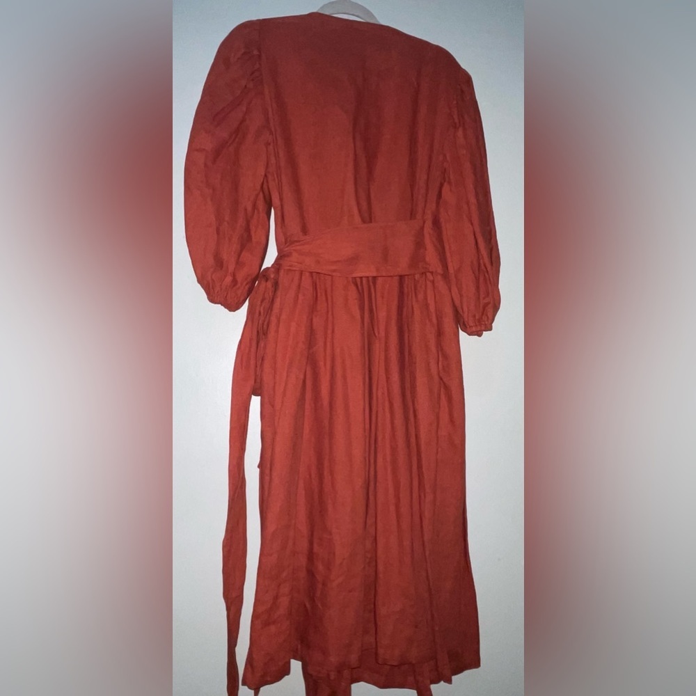 Women's Rust Wrap Midi Dress with Puff Sleeves - Picture 6 of 14